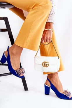 Sale Boto Zamszowe Modne Czółenka Sandały Z Kryształkami Granatowe Nolissa