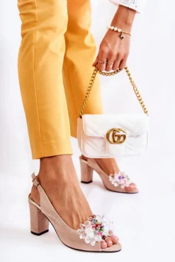 Sale Zamszowe Modne Czółenka Sandały Z Ozdobą Beżowe Meriss Damskie Sandały Na Obcasie|Czółenka Zamszowe