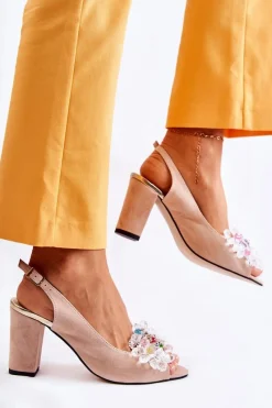 Sale Zamszowe Modne Czółenka Sandały Z Ozdobą Beżowe Meriss Damskie Sandały Na Obcasie|Czółenka Zamszowe