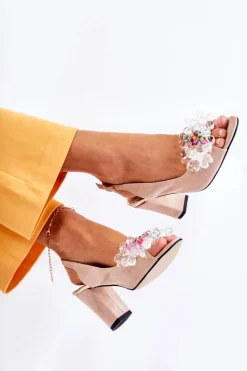 Sale Zamszowe Modne Czółenka Sandały Z Ozdobą Beżowe Meriss Damskie Sandały Na Obcasie|Czółenka Zamszowe