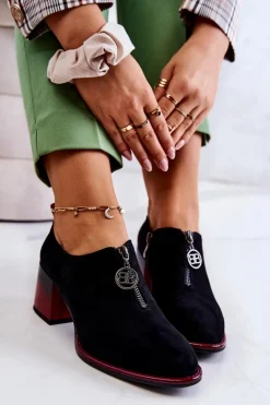 Discount Zamszowe Modne Półbuty Na Słupku Czarno-Czerwone Lorena Damskie Półbuty Lakierowane