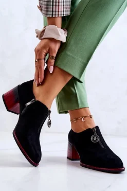 Discount Zamszowe Modne Półbuty Na Słupku Czarno-Czerwone Lorena Damskie Półbuty Lakierowane