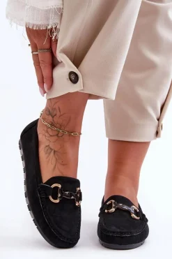 Hot Zamszowe Mokasyny Damskie Z Ozdobą Czarne Dionira Damskie Loafersy Damskie|Mokasyny Płaskie