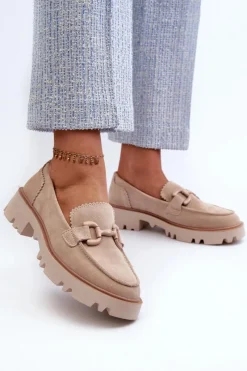 Discount Zamszowe Mokasyny Damskie Z Ozdobą D&A TW117 Beżowe Damskie Loafersy Damskie|Mokasyny Płaskie