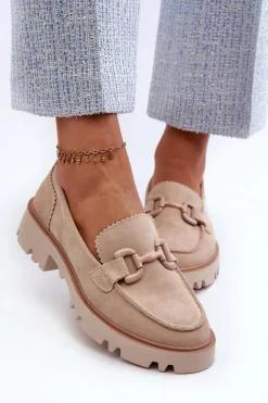Discount Zamszowe Mokasyny Damskie Z Ozdobą D&A TW117 Beżowe Damskie Loafersy Damskie|Mokasyny Płaskie