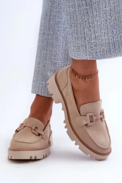 Discount Zamszowe Mokasyny Damskie Z Ozdobą D&A TW117 Beżowe Damskie Loafersy Damskie|Mokasyny Płaskie