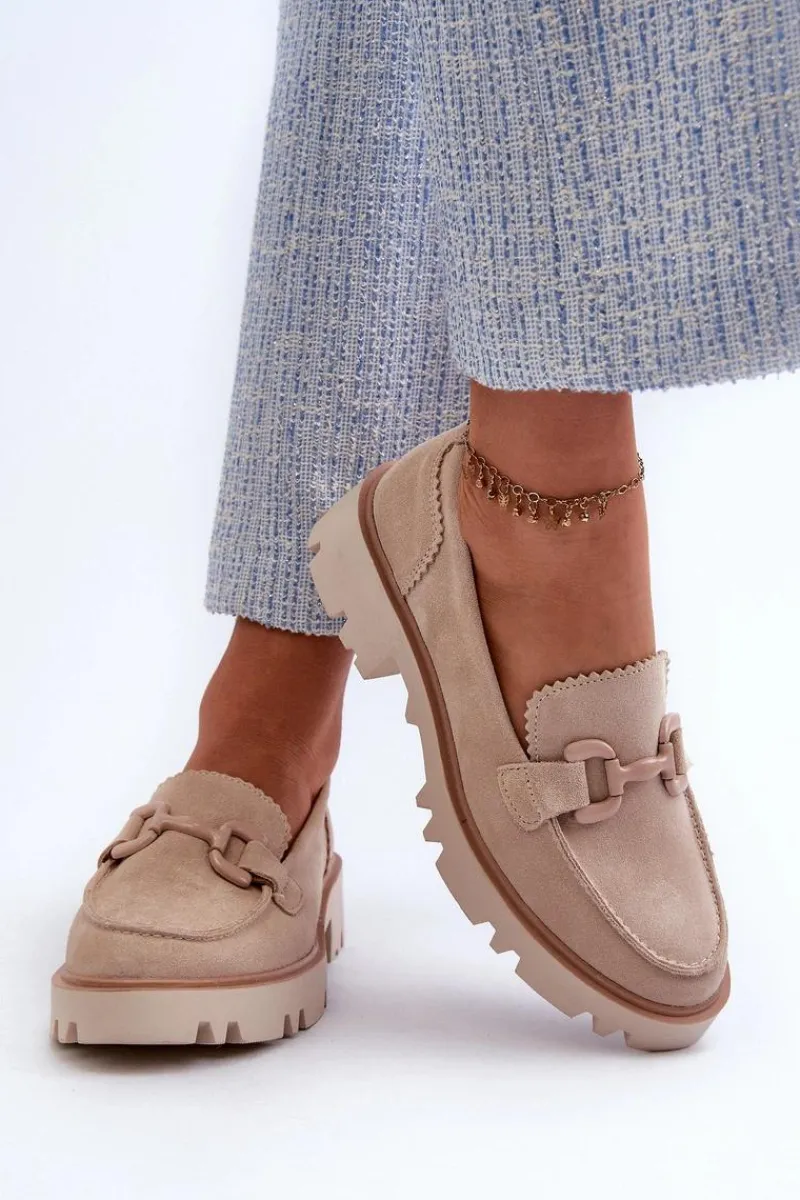 Discount Zamszowe Mokasyny Damskie Z Ozdobą D&A TW117 Beżowe Damskie Loafersy Damskie|Mokasyny Płaskie
