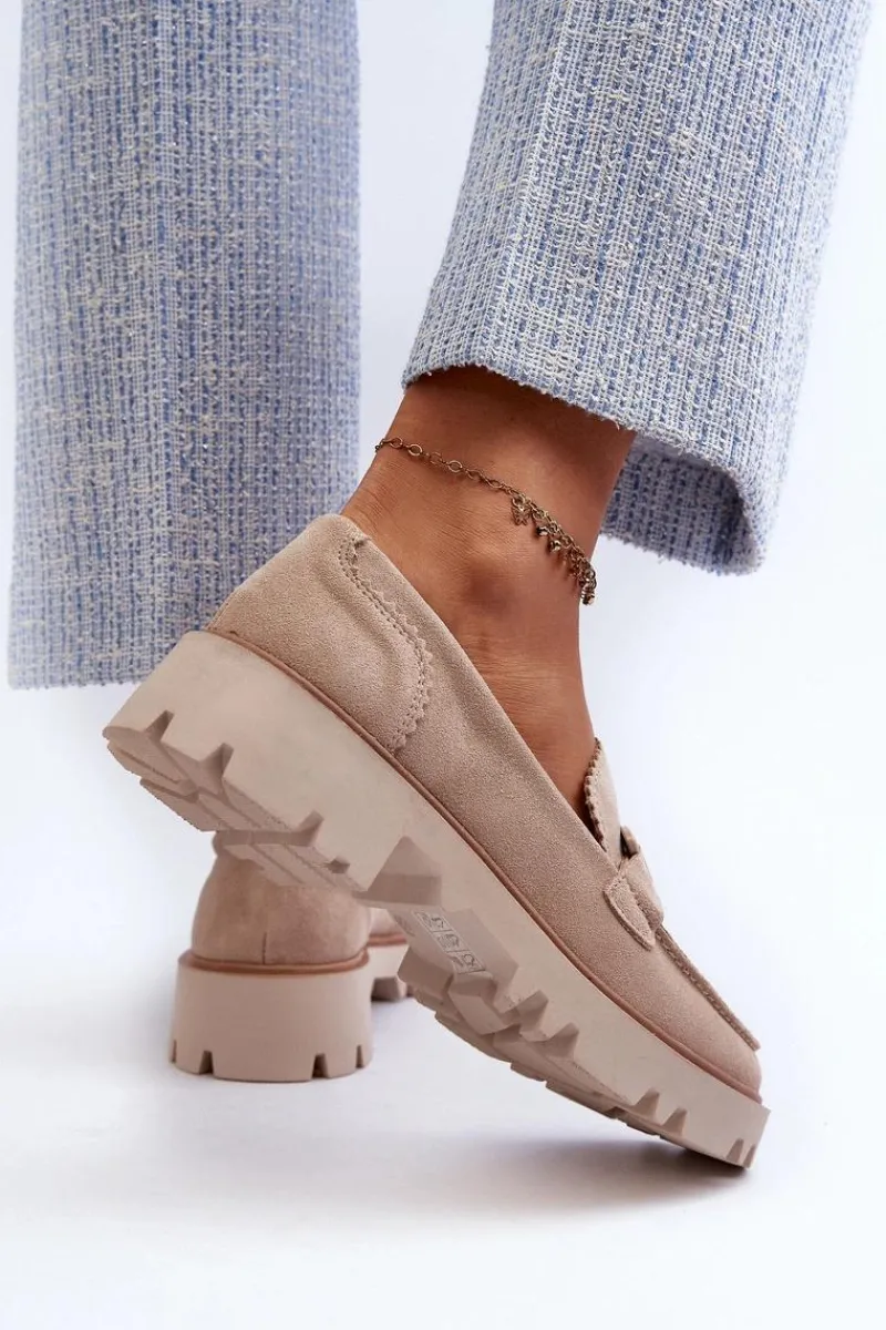 Discount Zamszowe Mokasyny Damskie Z Ozdobą D&A TW117 Beżowe Damskie Loafersy Damskie|Mokasyny Płaskie