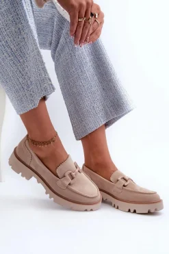 Discount Zamszowe Mokasyny Damskie Z Ozdobą D&A TW117 Beżowe Damskie Loafersy Damskie|Mokasyny Płaskie