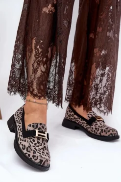 Zamszowe Mokasyny Damskie Panterka Vinceza 66792 Szare Damskie Loafersy Damskie|Mokasyny Płaskie