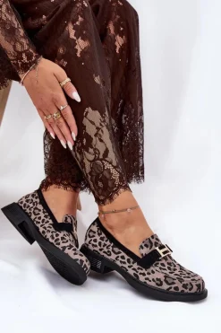 Zamszowe Mokasyny Damskie Panterka Vinceza 66792 Szare Damskie Loafersy Damskie|Mokasyny Płaskie