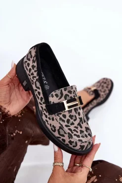 Zamszowe Mokasyny Damskie Panterka Vinceza 66792 Szare Damskie Loafersy Damskie|Mokasyny Płaskie