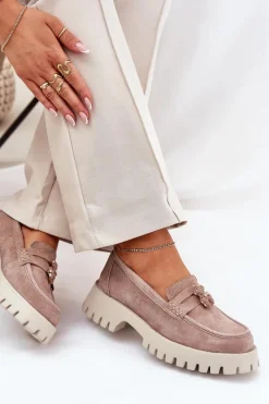 Discount Zamszowe Mokasyny Damskie Z Przypinką Miś Vinceza 79533 Beżowe Damskie Loafersy Damskie|Mokasyny Płaskie