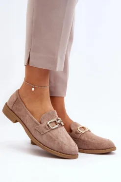 Clearance Zamszowe Mokasyny Damskie Na Płaskim Obcasie Ciemnobeżowe Misal Damskie Loafersy Damskie|Mokasyny Damskie Zamszowe