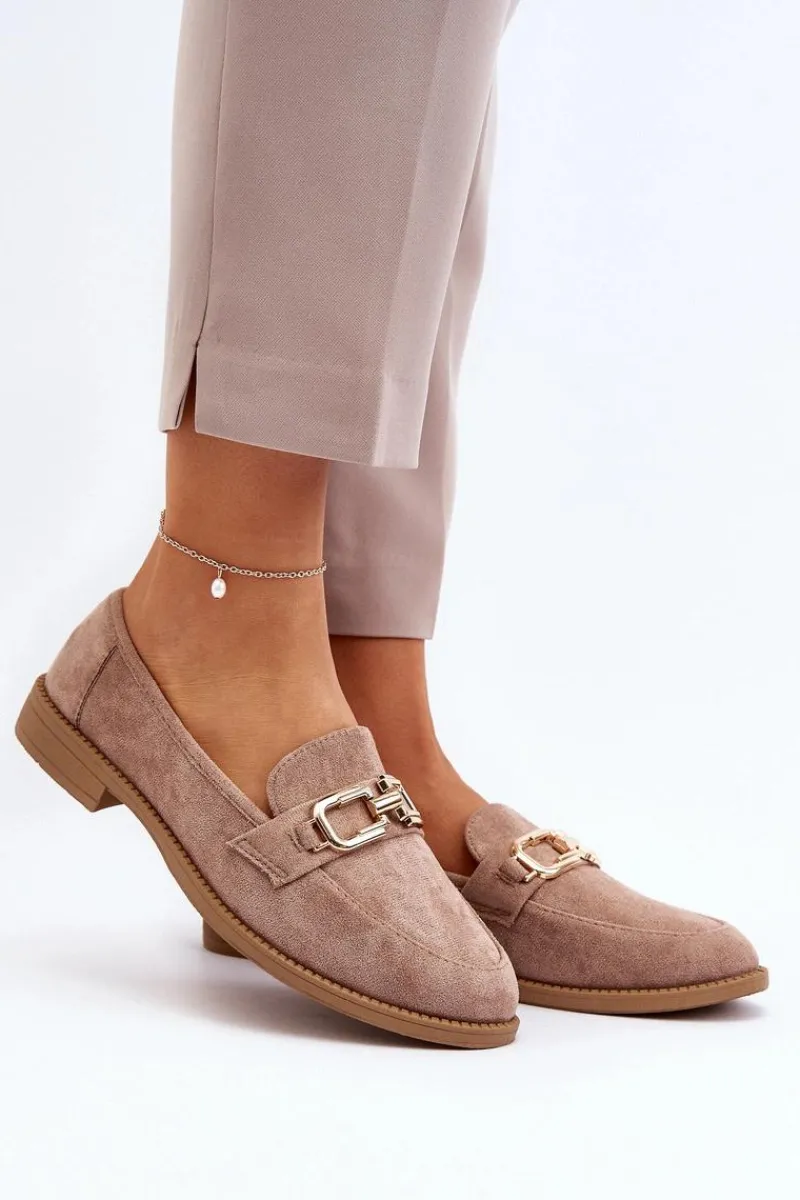 Clearance Zamszowe Mokasyny Damskie Na Płaskim Obcasie Ciemnobeżowe Misal Damskie Loafersy Damskie|Mokasyny Damskie Zamszowe
