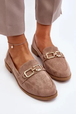 Clearance Zamszowe Mokasyny Damskie Na Płaskim Obcasie Ciemnobeżowe Misal Damskie Loafersy Damskie|Mokasyny Damskie Zamszowe