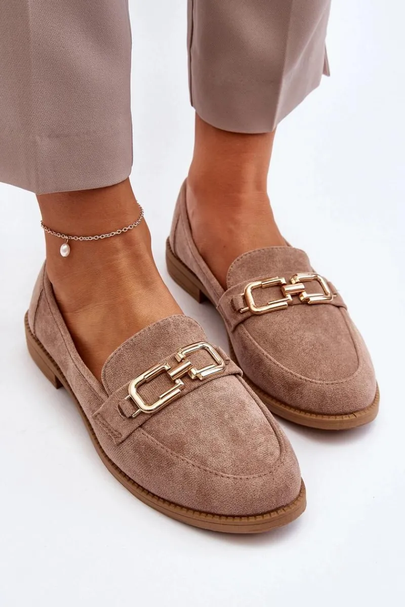 Clearance Zamszowe Mokasyny Damskie Na Płaskim Obcasie Ciemnobeżowe Misal Damskie Loafersy Damskie|Mokasyny Damskie Zamszowe