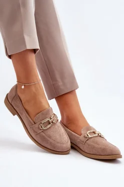 Clearance Zamszowe Mokasyny Damskie Na Płaskim Obcasie Ciemnobeżowe Misal Damskie Loafersy Damskie|Mokasyny Damskie Zamszowe