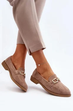 Clearance Zamszowe Mokasyny Damskie Na Płaskim Obcasie Ciemnobeżowe Misal Damskie Loafersy Damskie|Mokasyny Damskie Zamszowe