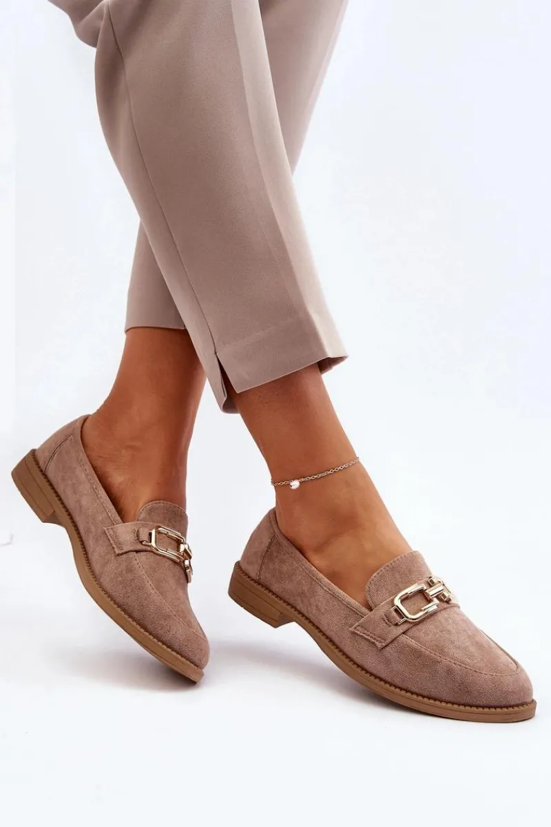 Clearance Zamszowe Mokasyny Damskie Na Płaskim Obcasie Ciemnobeżowe Misal Damskie Loafersy Damskie|Mokasyny Damskie Zamszowe