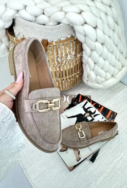Clearance Zamszowe Mokasyny Damskie Na Płaskim Obcasie Ciemnobeżowe Misal Damskie Loafersy Damskie|Mokasyny Damskie Zamszowe