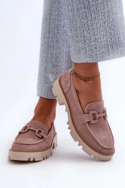 Loafersy Damskie|Mokasyny Płaskie></noscript>Damskie buty S.Barski Zamszowe Mokasyny Damskie Z Ozdobą D&A TW117 Różowe Różowy