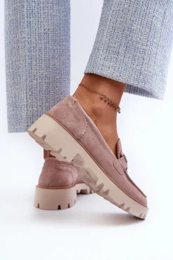 Loafersy Damskie|Mokasyny Płaskie></noscript>Damskie buty S.Barski Zamszowe Mokasyny Damskie Z Ozdobą D&A TW117 Różowe Różowy