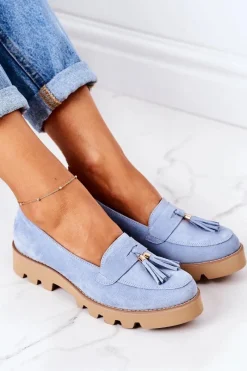 Best Zamszowe Mokasyny Lewski Shoes 3053 Błękitne Damskie Mokasyny Damskie Zamszowe