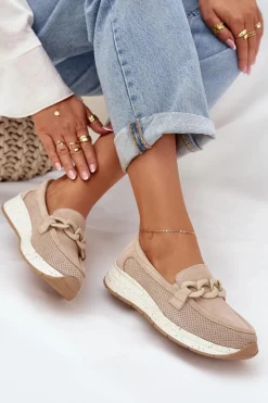 Loafersy Damskie|Mokasyny Damskie Zamszowe>Damskie buty S.Barski Zamszowe Mokasyny Na Platformie Z Łańcuchem D&A TW552 Beżowe