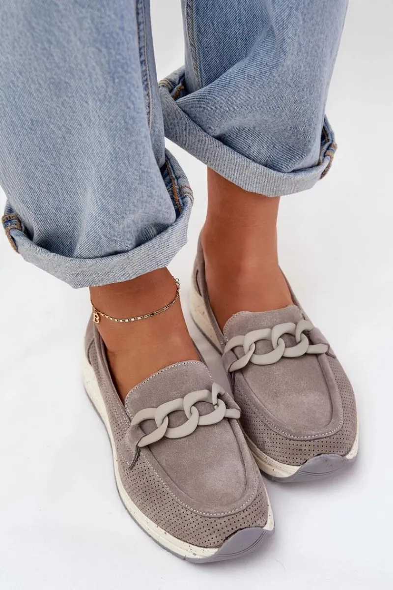 Loafersy Damskie|Mokasyny Damskie Zamszowe>Damskie buty S.Barski Zamszowe Mokasyny Na Platformie Z Łańcuchem D&A TW552 Szare