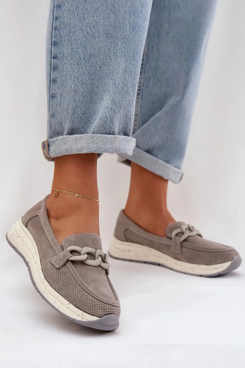 Loafersy Damskie|Mokasyny Damskie Zamszowe>Damskie buty S.Barski Zamszowe Mokasyny Na Platformie Z Łańcuchem D&A TW552 Szare
