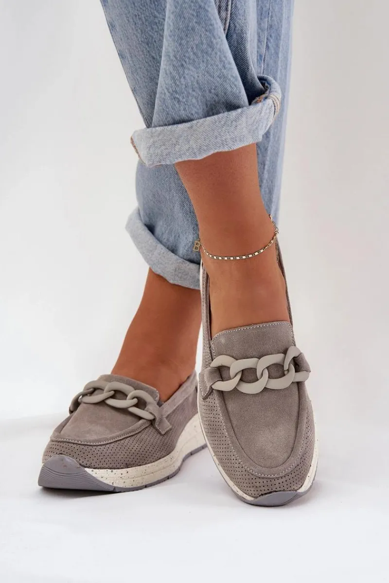 Loafersy Damskie|Mokasyny Damskie Zamszowe>Damskie buty S.Barski Zamszowe Mokasyny Na Platformie Z Łańcuchem D&A TW552 Szare