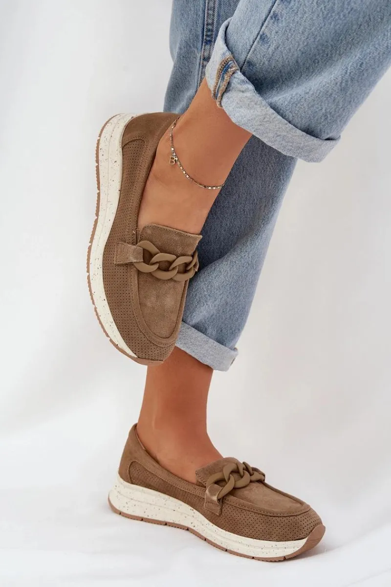 Clearance Damskie buty S.Barski Zamszowe Mokasyny Na Platformie Z Łańcuchem D&A TW552 Brązowe