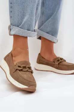 Clearance Damskie buty S.Barski Zamszowe Mokasyny Na Platformie Z Łańcuchem D&A TW552 Brązowe