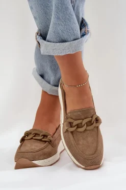 Clearance Damskie buty S.Barski Zamszowe Mokasyny Na Platformie Z Łańcuchem D&A TW552 Brązowe