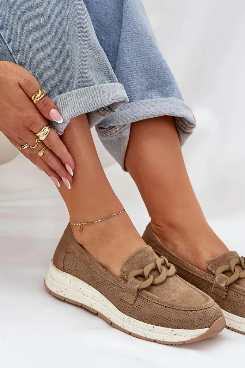 Clearance Damskie buty S.Barski Zamszowe Mokasyny Na Platformie Z Łańcuchem D&A TW552 Brązowe