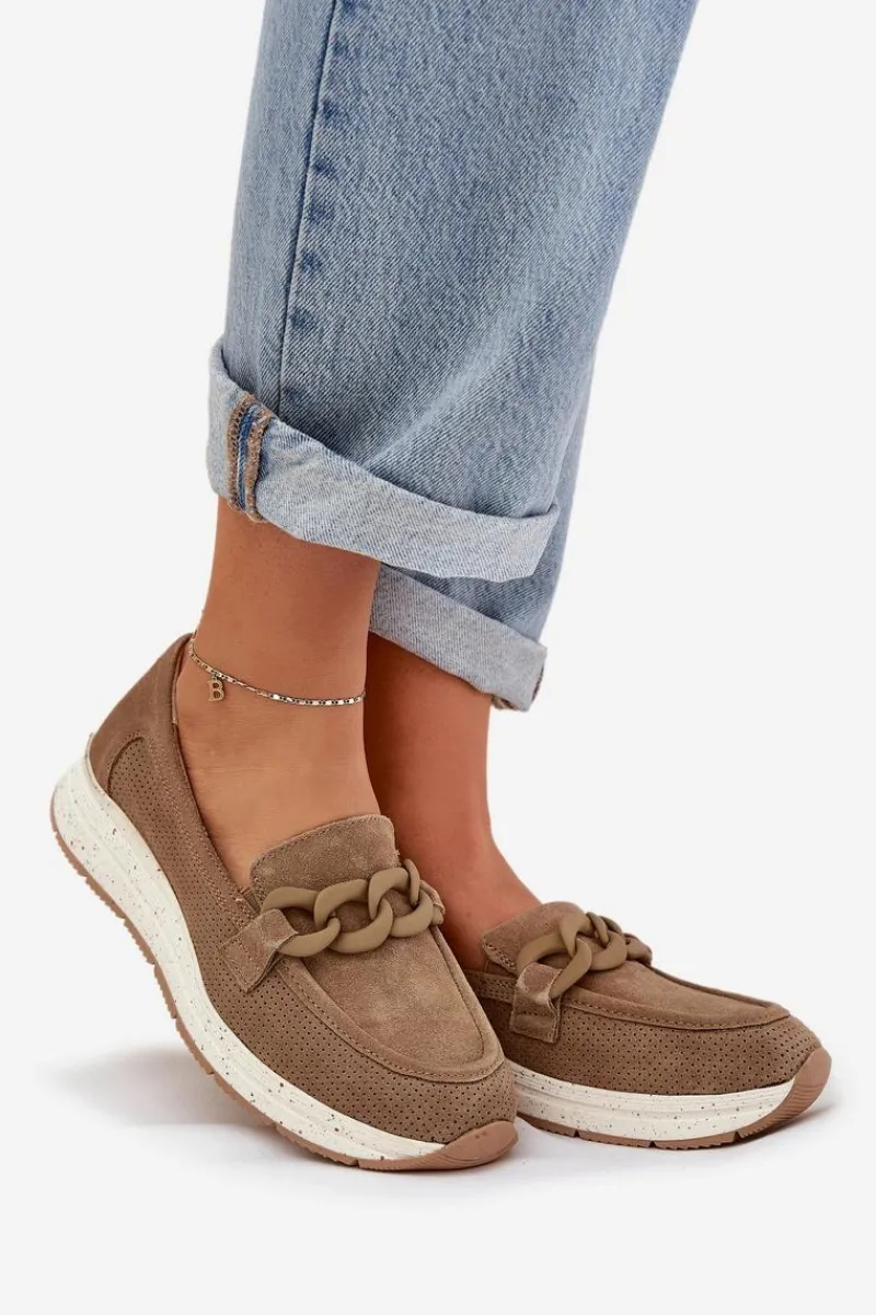 Clearance Damskie buty S.Barski Zamszowe Mokasyny Na Platformie Z Łańcuchem D&A TW552 Brązowe