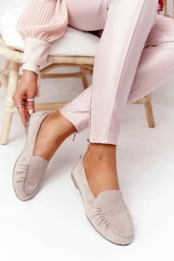 Discount Zamszowe Mokasyny Sergio Leone MK722 Beżowe Damskie Mokasyny Damskie Zamszowe