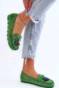 Best Zamszowe Mokasyny Z Kokardą I Frędzlami Zielone Dorine Damskie Loafersy Damskie|Mokasyny Damskie Zamszowe