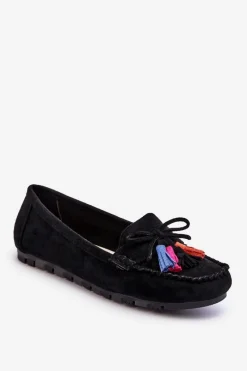 Online Zamszowe Mokasyny Z Kokardą I Frędzlami Czarne Dorine Damskie Loafersy Damskie|Mokasyny Damskie Zamszowe