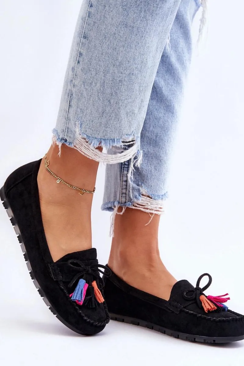 Online Zamszowe Mokasyny Z Kokardą I Frędzlami Czarne Dorine Damskie Loafersy Damskie|Mokasyny Damskie Zamszowe