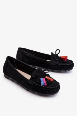 Online Zamszowe Mokasyny Z Kokardą I Frędzlami Czarne Dorine Damskie Loafersy Damskie|Mokasyny Damskie Zamszowe