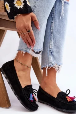 Online Zamszowe Mokasyny Z Kokardą I Frędzlami Czarne Dorine Damskie Loafersy Damskie|Mokasyny Damskie Zamszowe