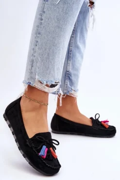Online Zamszowe Mokasyny Z Kokardą I Frędzlami Czarne Dorine Damskie Loafersy Damskie|Mokasyny Damskie Zamszowe