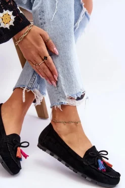 Online Zamszowe Mokasyny Z Kokardą I Frędzlami Czarne Dorine Damskie Loafersy Damskie|Mokasyny Damskie Zamszowe