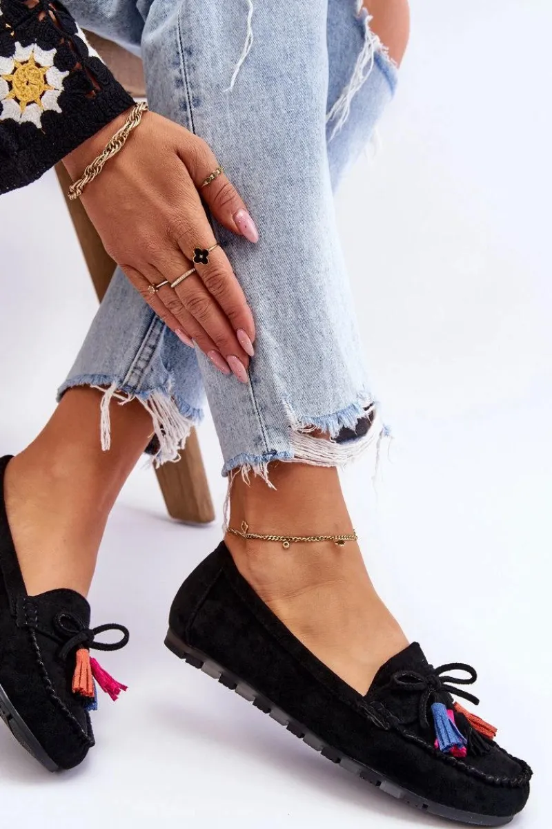 Online Zamszowe Mokasyny Z Kokardą I Frędzlami Czarne Dorine Damskie Loafersy Damskie|Mokasyny Damskie Zamszowe