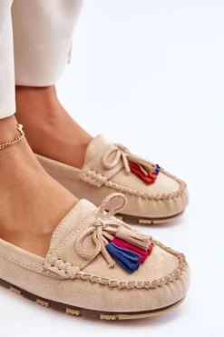 Clearance Zamszowe Mokasyny Z Kokardą I Frędzlami Beżowe Dorine Damskie Loafersy Damskie|Mokasyny Damskie Zamszowe