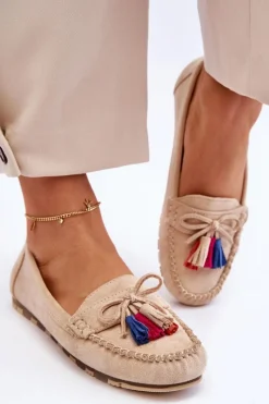 Clearance Zamszowe Mokasyny Z Kokardą I Frędzlami Beżowe Dorine Damskie Loafersy Damskie|Mokasyny Damskie Zamszowe