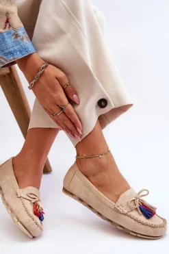 Clearance Zamszowe Mokasyny Z Kokardą I Frędzlami Beżowe Dorine Damskie Loafersy Damskie|Mokasyny Damskie Zamszowe