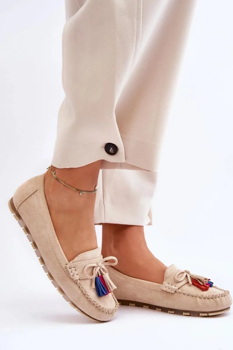 Clearance Zamszowe Mokasyny Z Kokardą I Frędzlami Beżowe Dorine Damskie Loafersy Damskie|Mokasyny Damskie Zamszowe